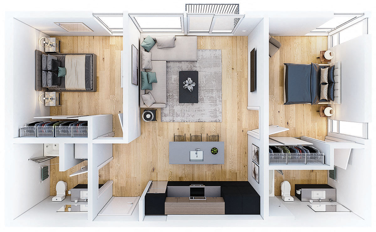 Floor plan for 2 beds, 2 baths, 906 sqft
